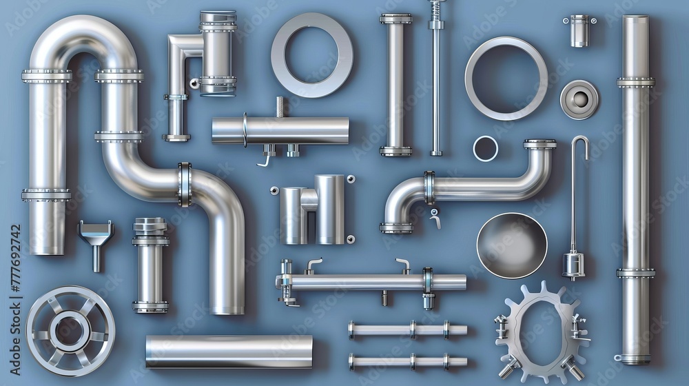 3D Realistic Vector Set of Stainless Steel Pipes and Fittings 3D Realistic Vector Set of Stainless Steel Pipes and Fittings