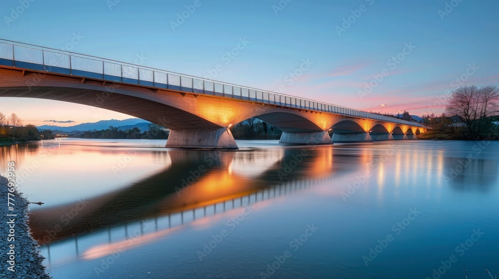 A bridge over a tranquil river at dusk, the structure illuminated by soft lighting against the backdrop of a sky transitioning from blue to pink, reflecting on the water below, highlighting the harmon