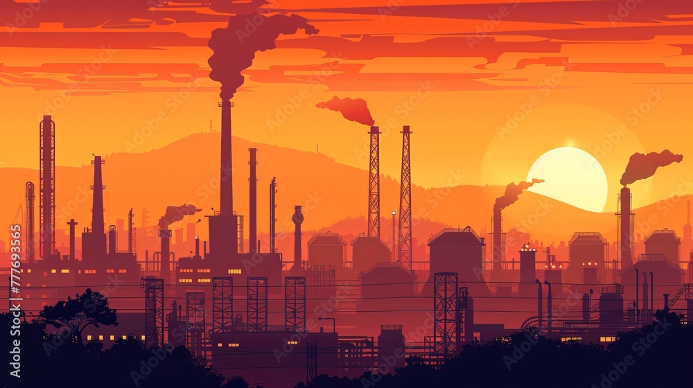 Industrial Factories Silhouette with Oil Refinery Vector Landscape