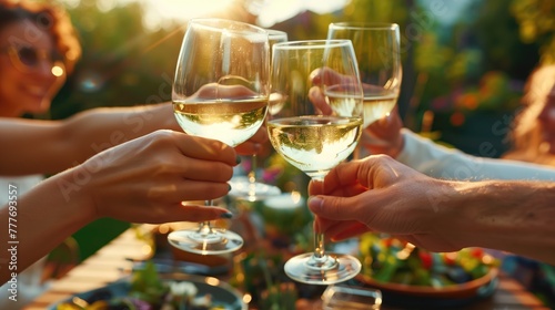 Cheerful friends outdoors having picnic in the backyard toasting cheers with wineglasses filled with white wine on sunny day