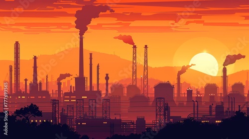 Industrial Factories Silhouette with Oil Refinery Vector Landscape