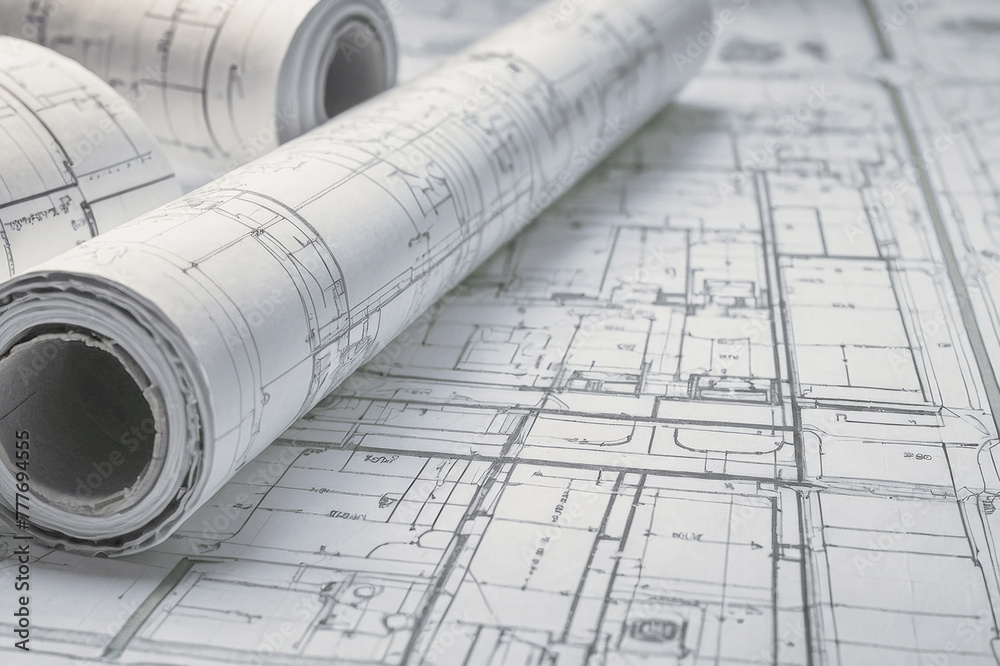 Detailed architectural blueprint small roll featuring precise technical project drawing. Concept of the part of architectural project Detailed architectural blueprint small roll featuring precise technical project drawing. Concept of the part of architectural project