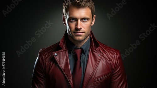 Portrait of a handsome young man in leather jacket. Men's beauty, fashion.