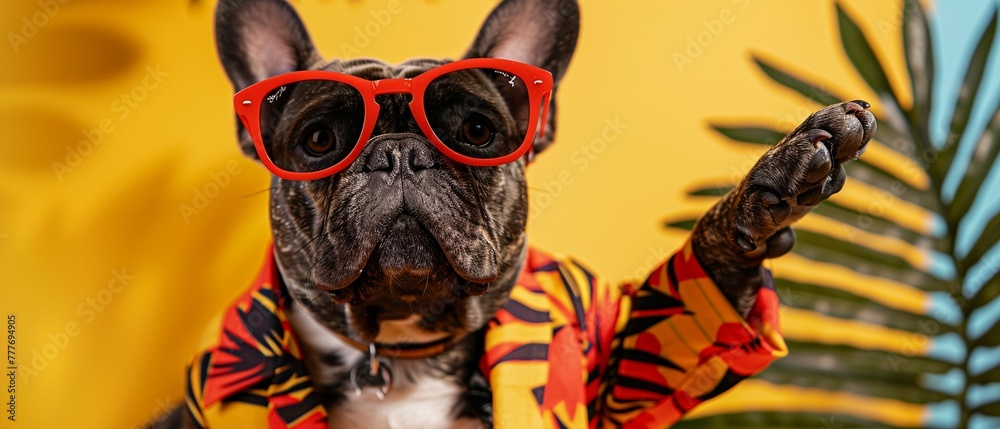A French Bulldog makes a bold statement in a vibrant outfit and red sunglasses