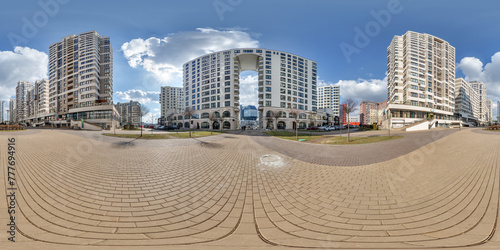 360 hdri panorama near skyscraper multistory buildings of residential quarter complex in full equirectangular seamless spherical projection © hiv360