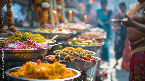Spiritual Feast: A Colorful Display of Food Offerings at a Temple Ceremony