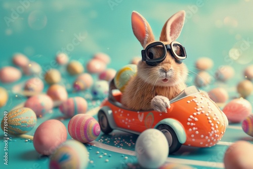 A humorous scene of a bunny wearing goggles driving a car shaped like an Easter egg on a racetrack scattered with eggs. photo