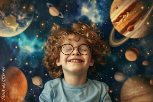 A joyful child with curly hair and spectacles imagines being in space photo