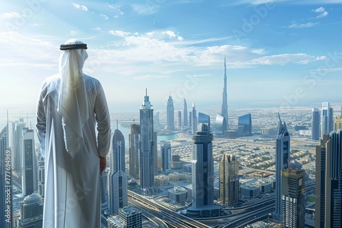A man in traditional Emirati attire gazes over a futuristic cityscape in the United Arab Emirates. photo