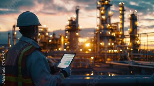 A lone engineer with a tablet computer stands before a complex refinery plant as the sun sets