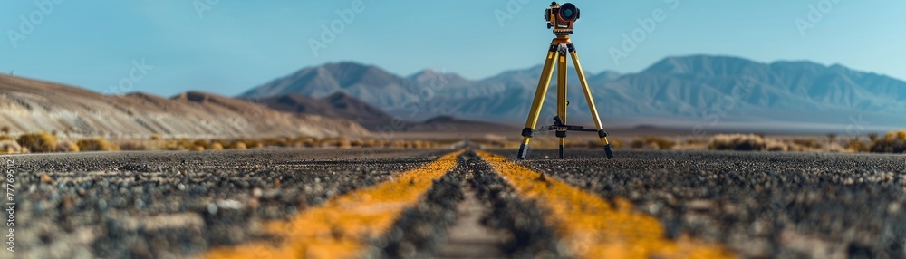 A theodolite survey instrument is set up on a tripod in the middle of an empty road for precise measurements. - obrazy, fototapety, plakaty 