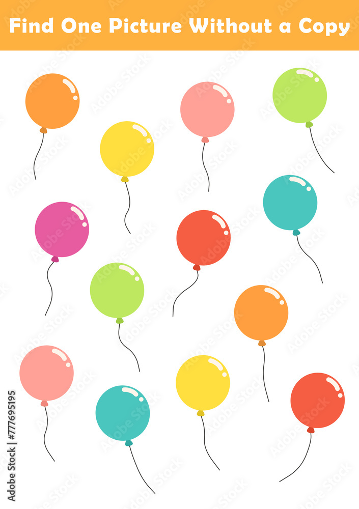 Find One Picture Without a Copy for Preschool Children. Find same picture worksheet for kids. Worksheet for kindergarten-aged children with cute balloon illustration.