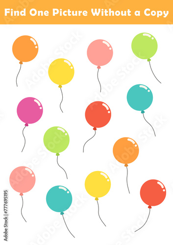 Find One Picture Without a Copy for Preschool Children. Find same picture worksheet for kids. Worksheet for kindergarten-aged children with cute balloon illustration.
