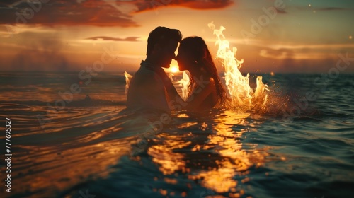 Romantic scene couple hugging in the sea with sunset abstract fiery background. Generated AI image