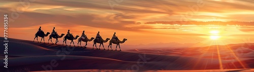 Camel caravan silhouette trekking across desert dunes at sunset