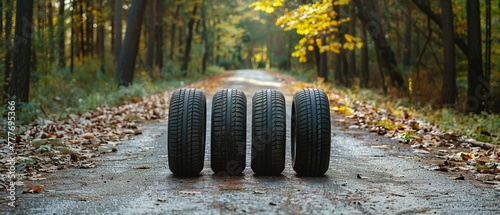 Four new car tires lined up on an empty forest road photo