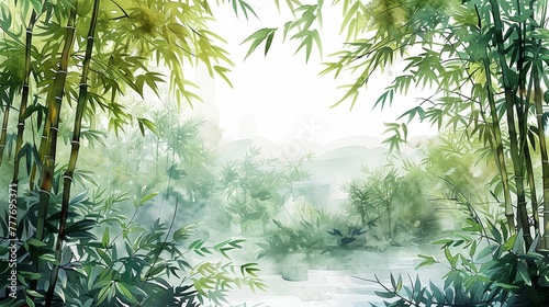 Watercolor bamboo grove in a Zen garden, symbol of flexibility and peace, detailed and tranquil, isolated on white