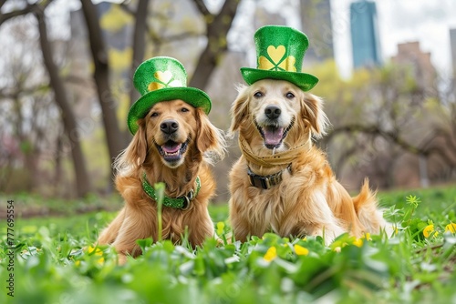 Two joyful dogs dressed in St. Patricks Day attire celebrate amidst a vibrant springtime park.