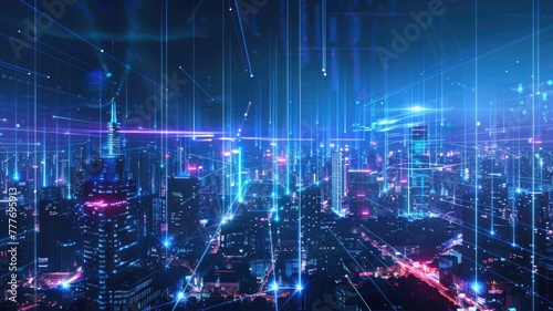 futuristic cityscape with a network of laser beams representing high-speed optical communication links connecting buildings