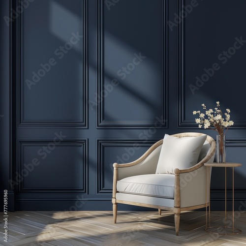 Luxury living room interior design with armchair on empty dark blue wall background. AI generated