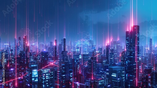 futuristic cityscape with a network of laser beams representing high-speed optical communication links connecting buildings