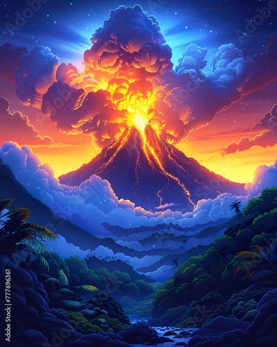 Fiery volcano eruption, dramatic natural event, lava flow, geological wonder. background. wallpaper