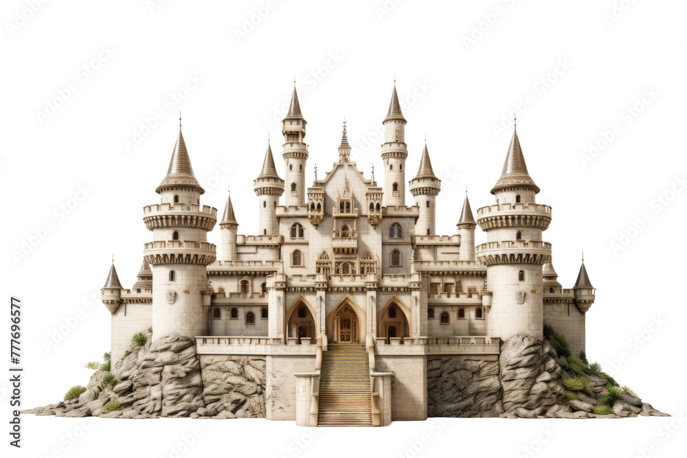 Majestic Castle With Stairs and Turrets Perched Atop the Hill. White or PNG Transparent Background.