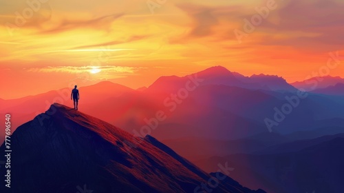 Silhouette man climber in high mountain at sunset view. Generated AI image