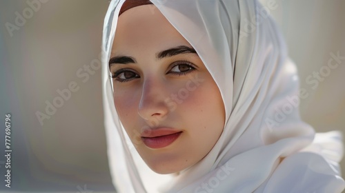 Portrait beautiful Arab female model wearing white hijab. Generated AI image