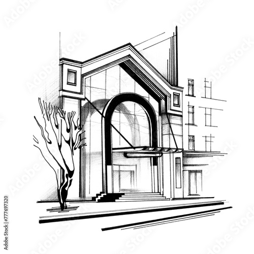 Hand drawn sketch illustration. Urban landscape. Entrance arch. Linear with pencil.