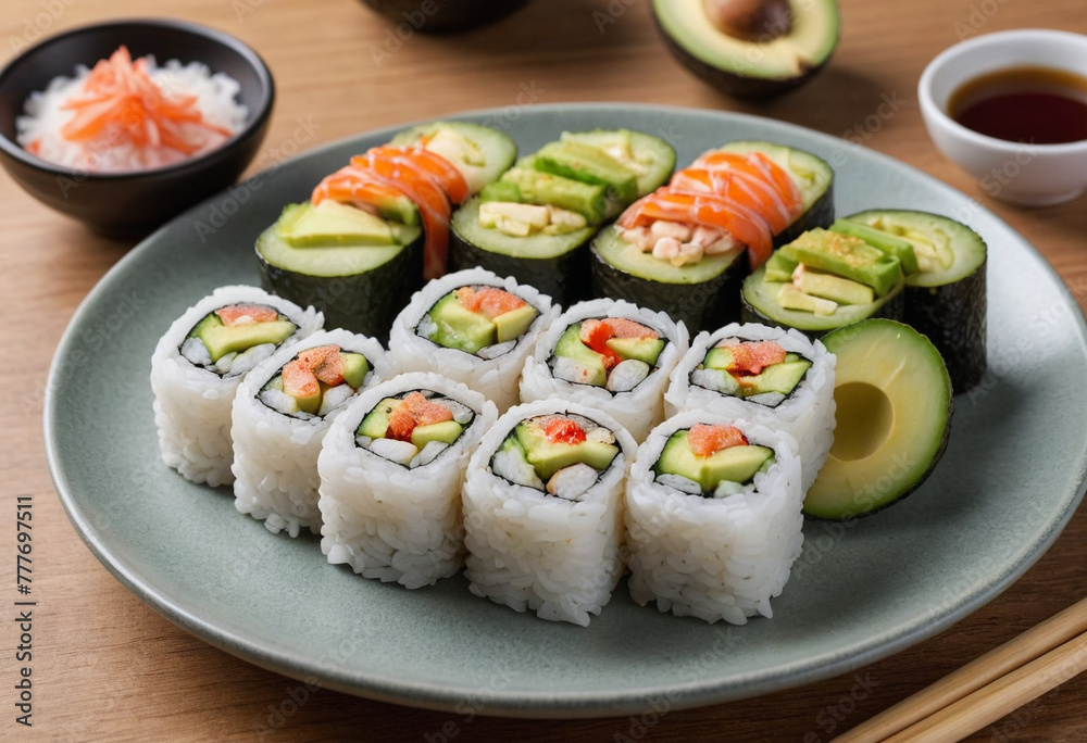 California roll, professional food photography, maki sushi, rice on the outside, avocado, cucumber, crab sticks, plate, toothpicks