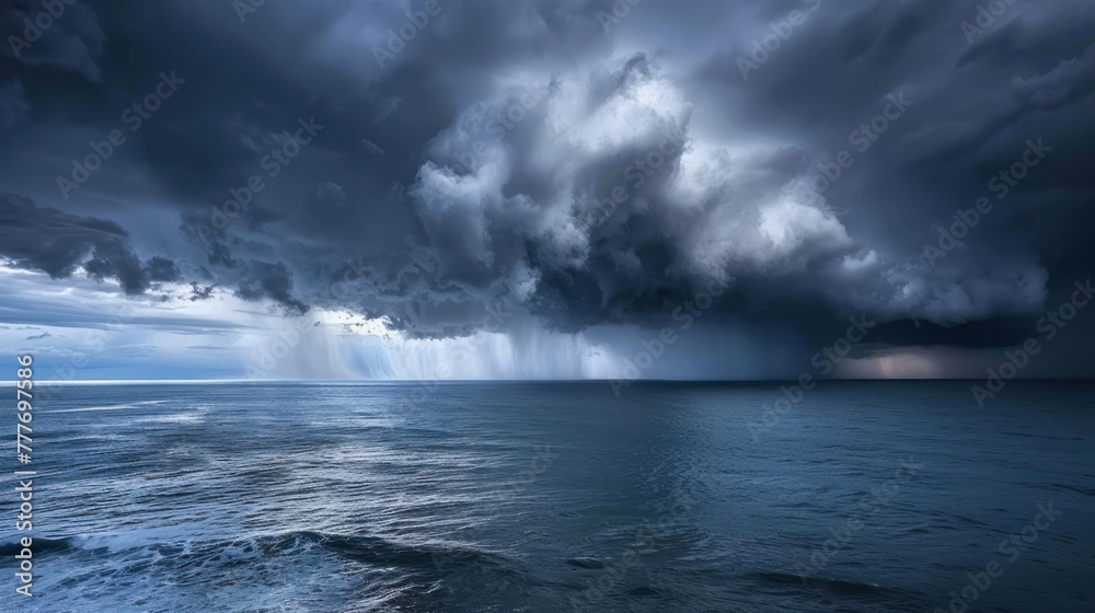 Panoramic scary storm clouds over the sea scene. Generated AI image
