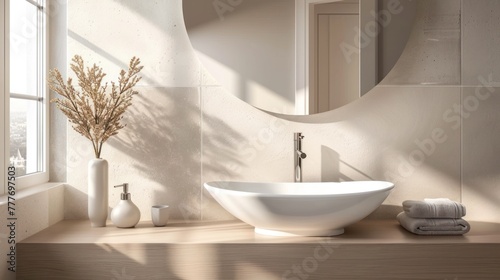Modern bathroom interior design with rounded mirror  and sink on natural color toned. AI generated