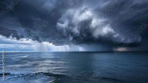 Panoramic scary storm clouds over the sea scene. Generated AI image