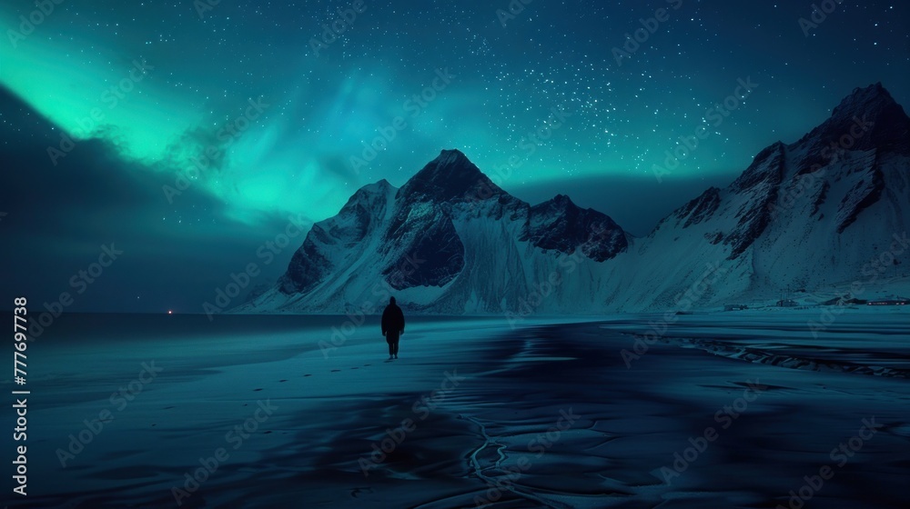Aurora green polar light on mountain winter background with silhouette of standing man. AI generated