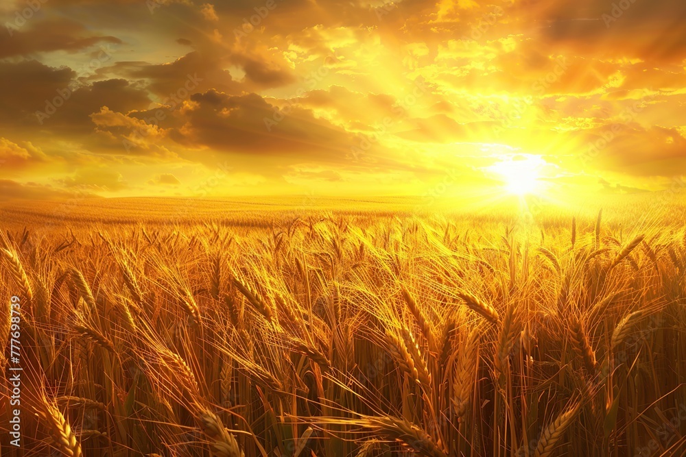 Yellow field with ripe wheat ears on sunset background