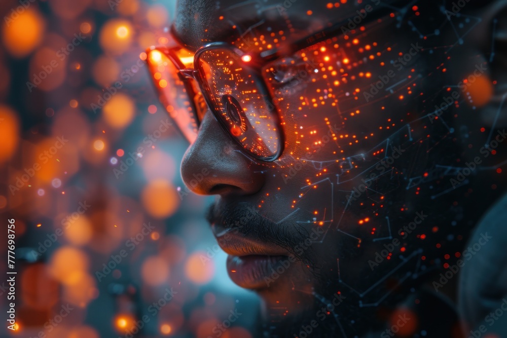 A cybernetic engineer in a neon-lit lab, integrating AI components into futuristic robotics, surrounded by sparks of innovation.