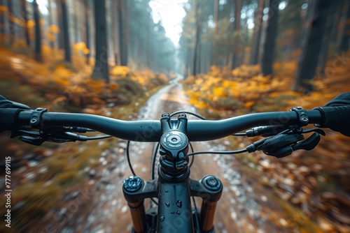Action-packed mountain biking adventure through a green forest trail, emphasizing speed and adrenaline, for sports and lifestyle