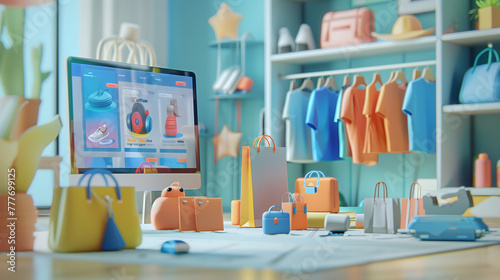 ecommerce store with , bags, and shoes on the shelf behind an iMac displaying an online shopping website interface. In front of it is a table with various small plastic products in bright colors