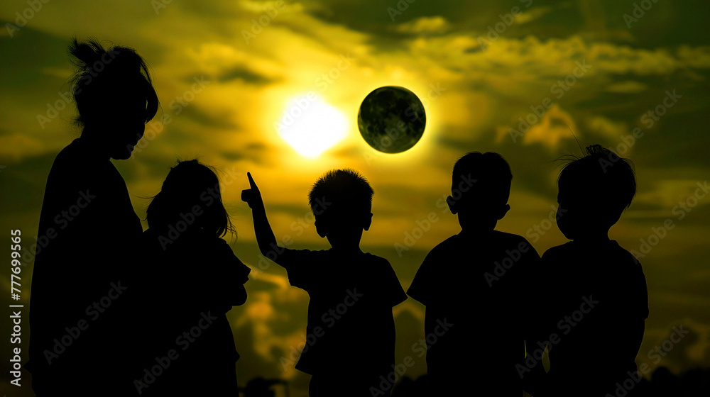 The silhouette of a family against the background of a solar eclipse