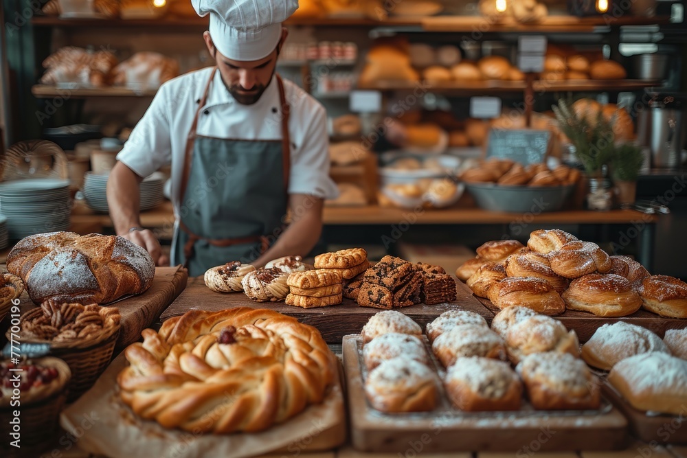 Artisan bakery scene with a chef kneading dough and fresh pastries on display, for authentic food brand storytelling