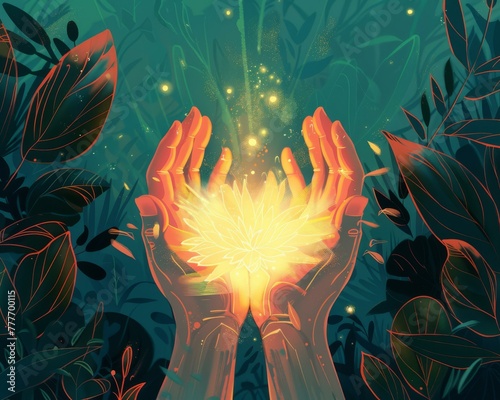 Artistic illustration of a miraculous healing  hands surrounded by a mystical glow in digital style