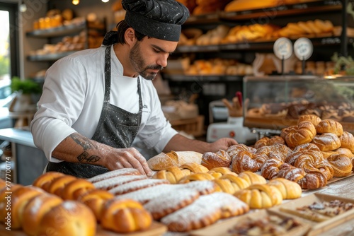 Artisan bakery scene with a chef kneading dough and fresh pastries on display, for authentic food brand storytelling © yuliachupina