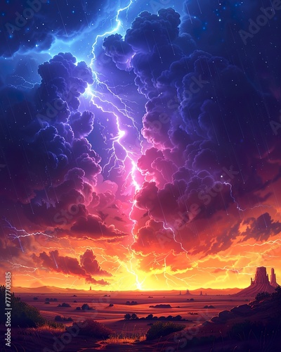 Lightning storm over plains, dramatic weather, natural electricity, stormy sky. background. wallpaper