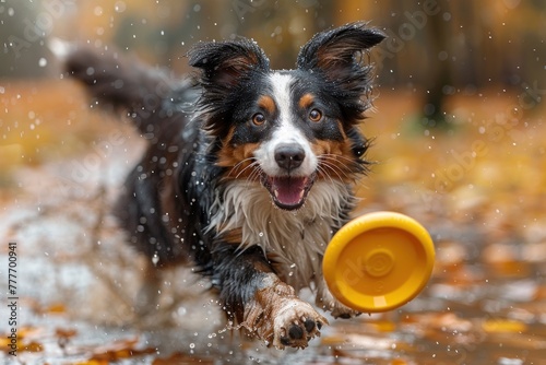 Energetic dog running in water with frisbee