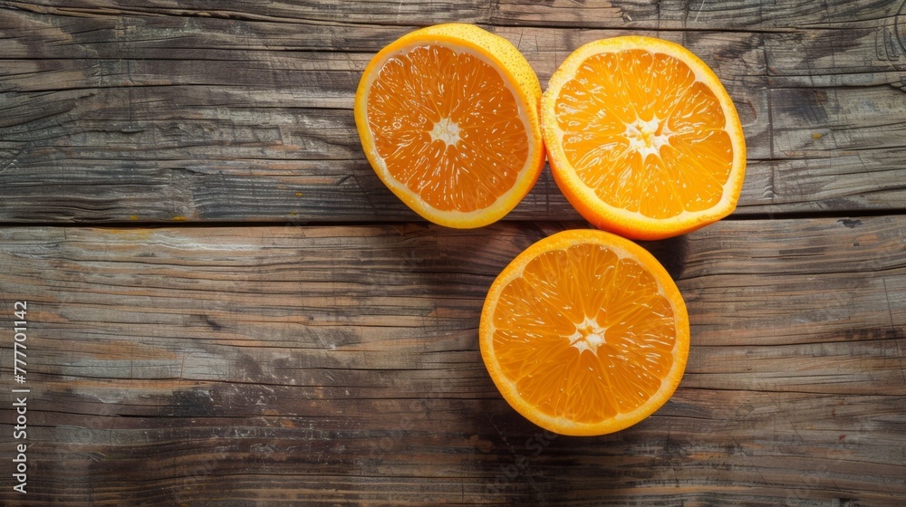 Three Oranges Halved on Wooden Surface Three Oranges Halved on Wooden Surface