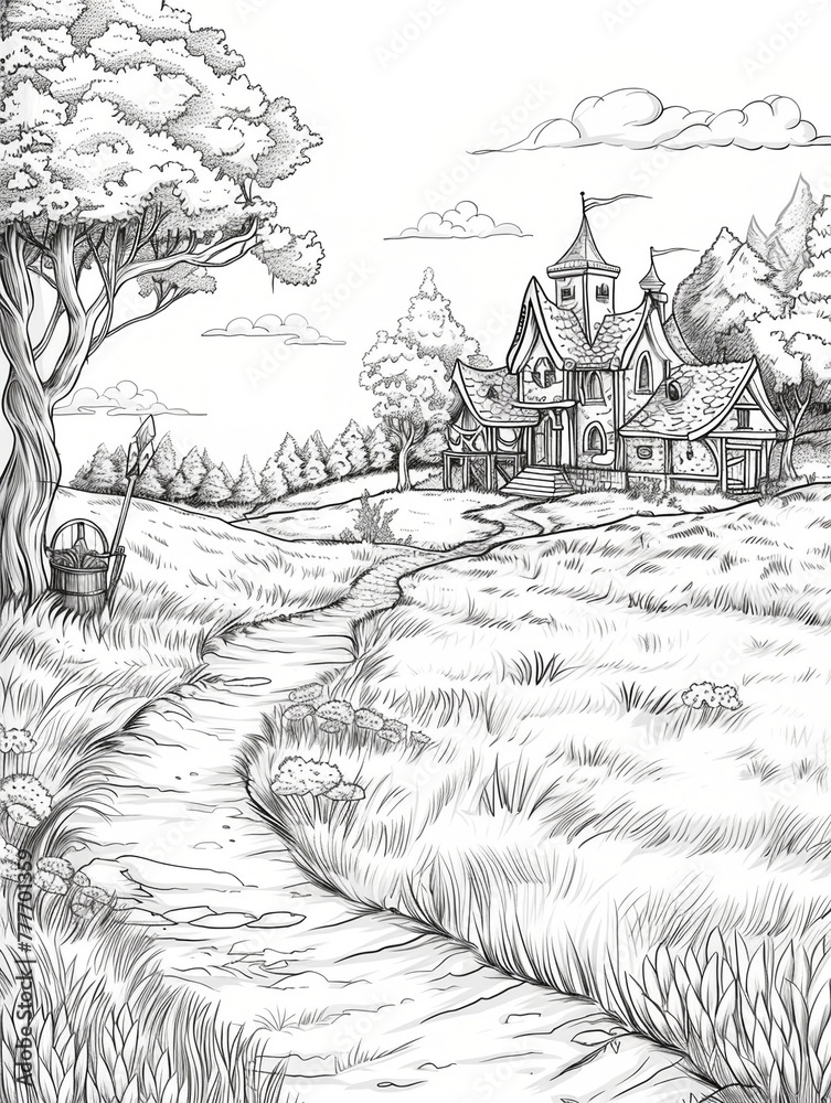 Black and white line art depicting an ancient settlement. Village amidst fields. Beautiful nature. Surrounding environment. Old houses. Lovely historical settlements.