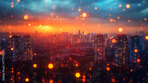 Bright glowing lights of district in megapolis under dusk sky in evening on blurred background.