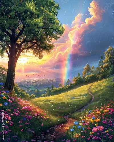 Lush green hill with rainbow, after rain, vibrant landscape, hopeful scenery. flat vector illustration, illustration --ar 4:5 --stylize 750 --v 6 Job ID: fdcca48f-d50a-4942-b9af-dd3a3e98b97f © gfx_nazim