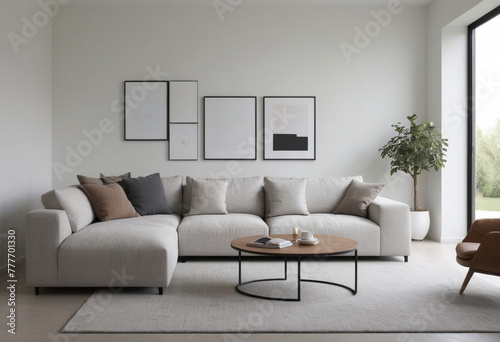 Living room wall poster mockup. Interior mockup with house background. Modern interior design